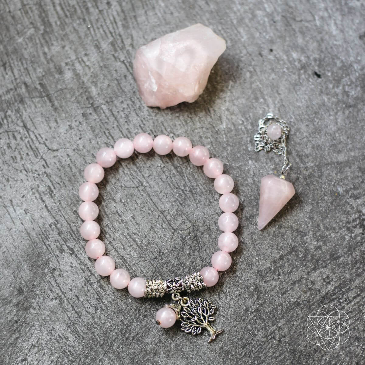 Rose Quartz Self-Love Gift Set with a natural stone, bracelet, and pendulum, a beginner-friendly first crystal