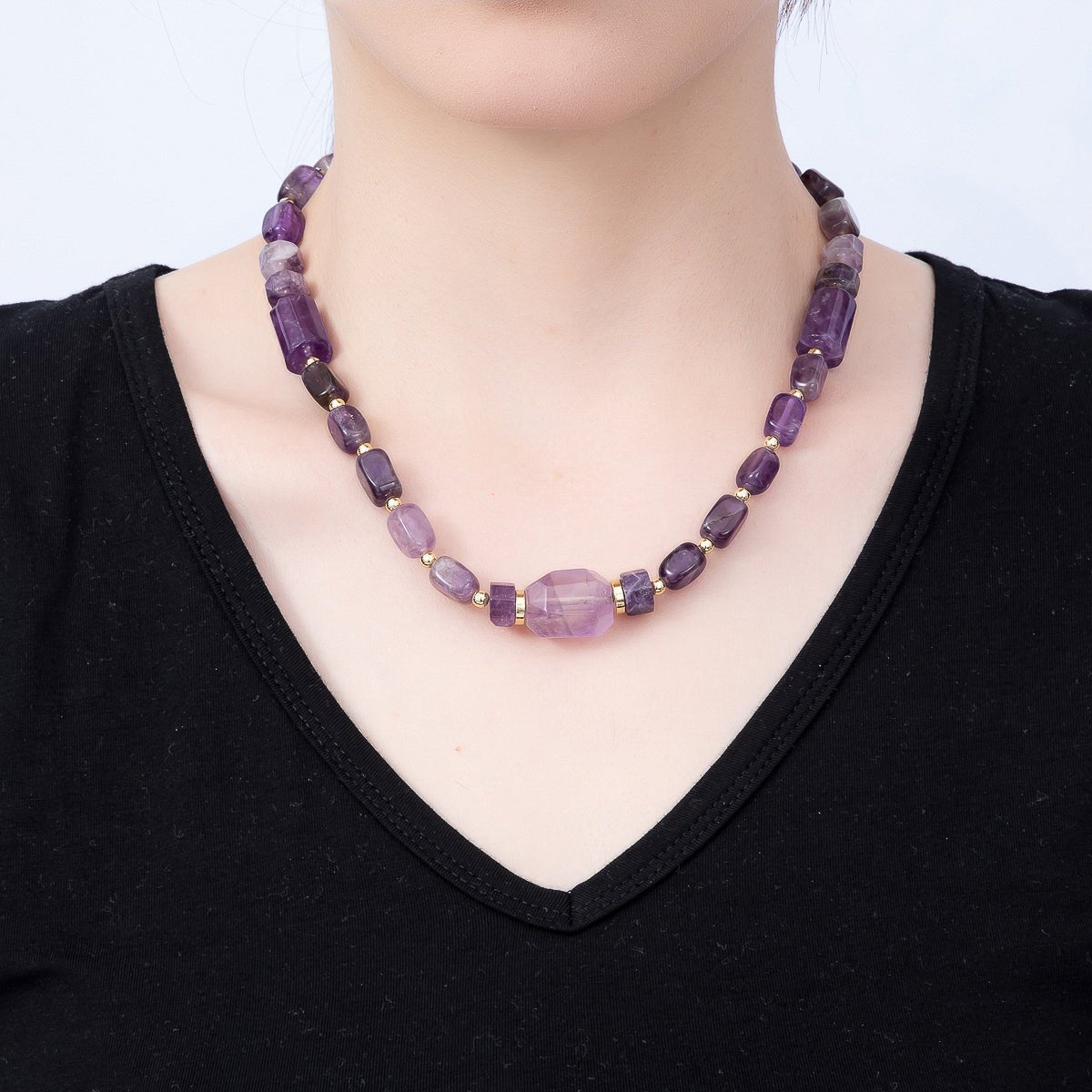 16K Gold Filled 15mm Amethyst Tube Rectangle Gemstone Chain 18.5 Inch Necklace w. Push Gate | WA-00391