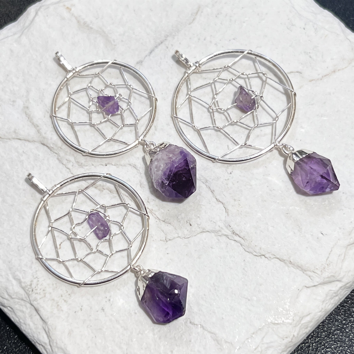 Dreamcatcher Pendant (Amethyst Crystal)(Silver Plated)