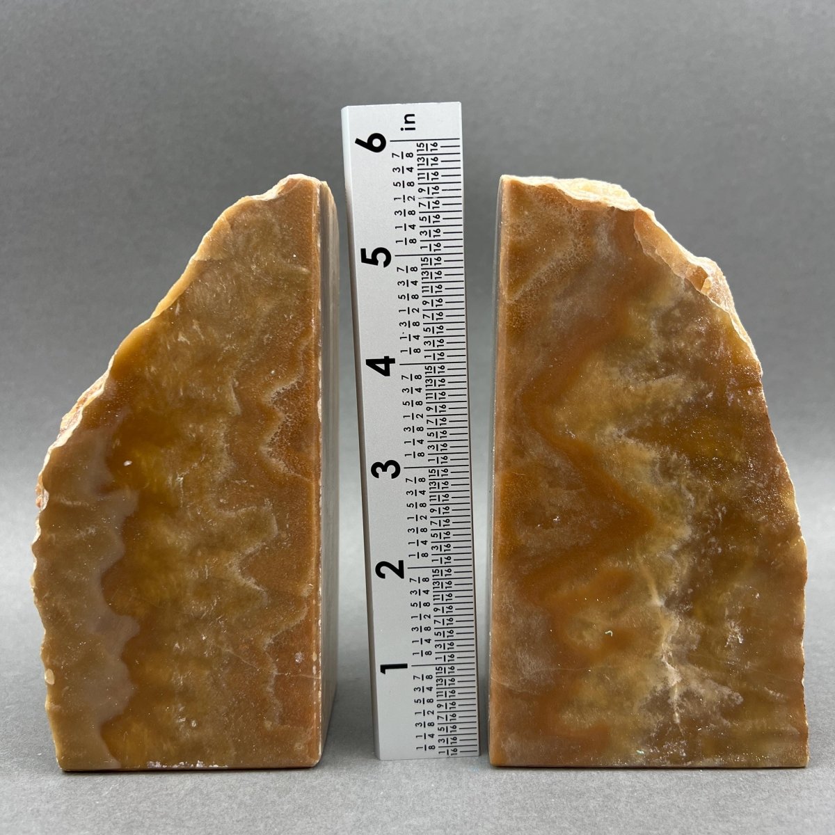 Pair of honey calcite bookends with polished faces, view 3